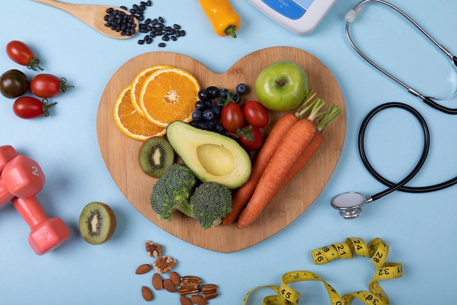 overhead view of vegetables and fruits